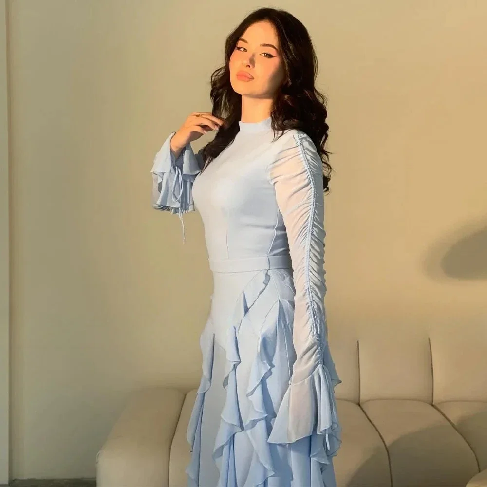 Elegante avondjurk met hoge hals voor dames, lange mouwen, ruches, chiffon, A-lijn, vloerlengte, formele feestjurken op maat