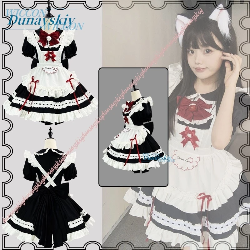 

NEW Maid Cosplay Costume Jirai Kei Dress set Black Lolita with Apron Short Sleevd Wear Carnival Comic-Con role play Dress