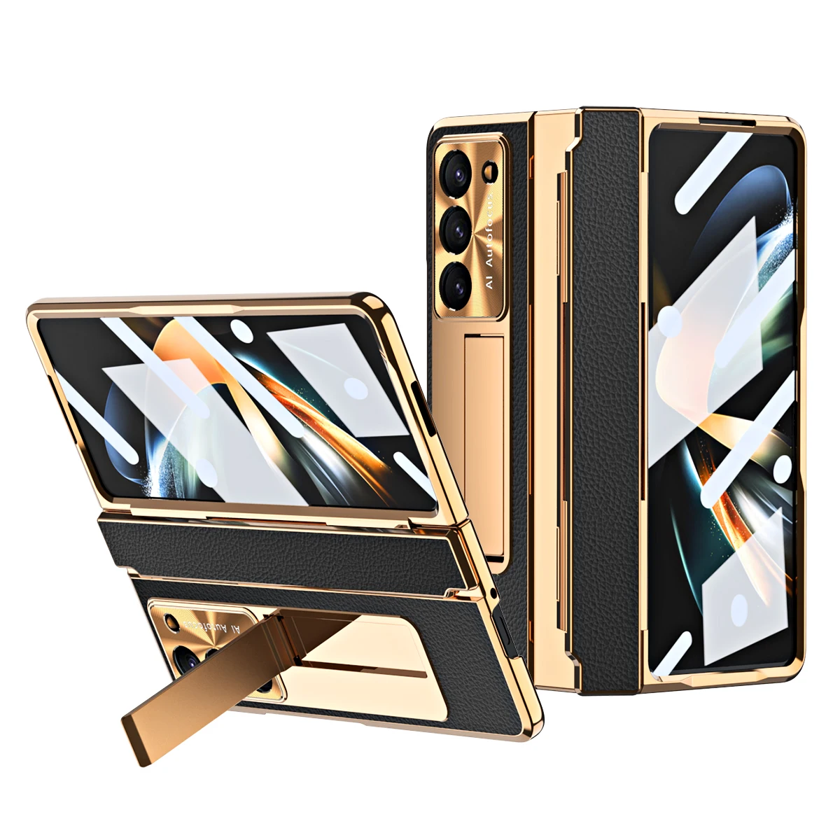 For Samsung Galaxy Z Fold 5 Z Fold 4 Z Fold 3 5G Case with Screen Protector Luxury Leather One-Piece Plating Stand Cover Gold