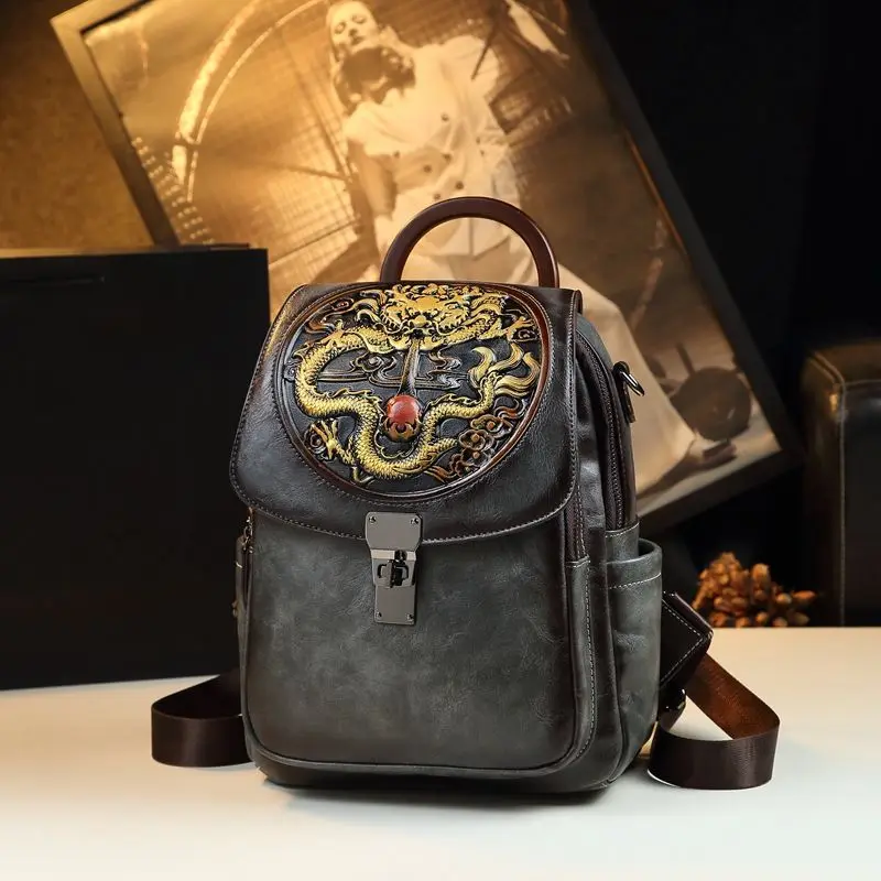 Retro National Style Leather Backpack Female Dragon Year Embossment Large Capacity Single Shoulder Multi-functional Travel Bag