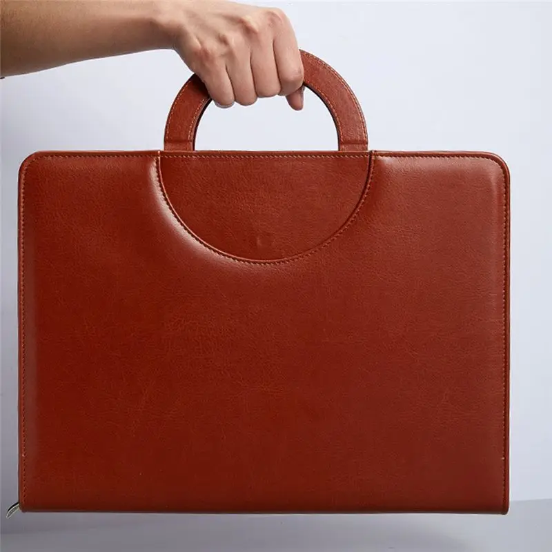 lillili Leather Portfolio Folder with Zipper for Women/Men, Business Padfolio with Handle, Conference Notepad Folder Browm