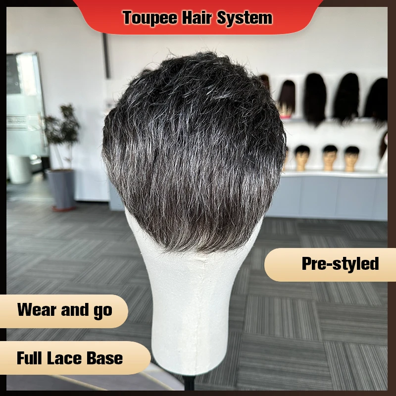 Pre Cut Men\'s Toupee Full Lace Base Human Hair Replacement Toupee System Unit Hair For Men 1B40 Male Wig For Men Hair Prosthesis