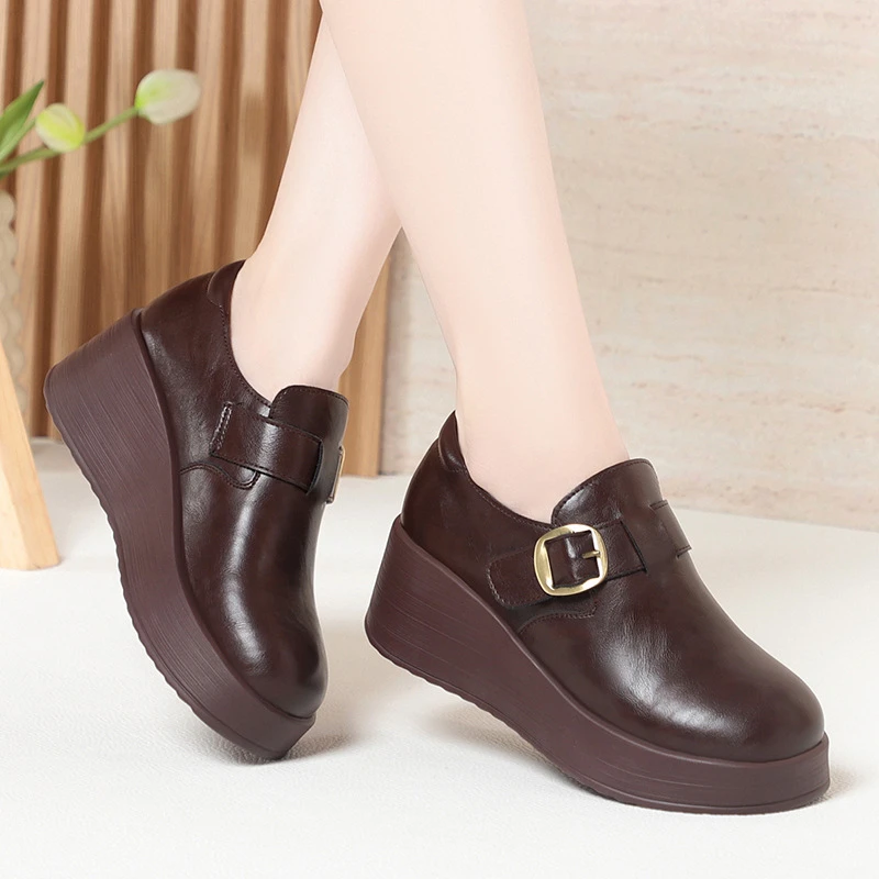 

Womens Black Platform Wedge Gold Buckle Strap Soft Leather Upper Comfortable Non Slip Outsole For Daily Wear And Casual Outings