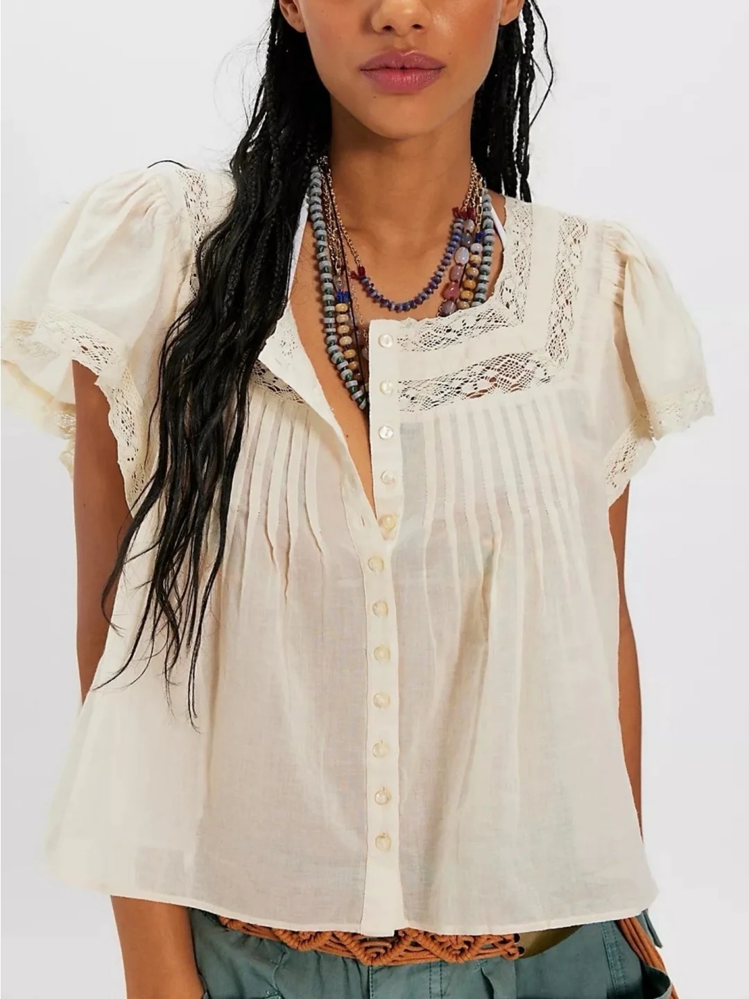 

Retro Sle Embroidered Lace Trim Square Collar Loose Fit ort Sve Women's irt with Knot Pure Cotton Breathable