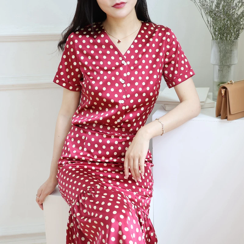 

Retro Polka Dot Elastic Silk Satin V Ne ort Sve Women's irt Slim Fit Summer Cool Top CY269 Commute Sle Regular Sve