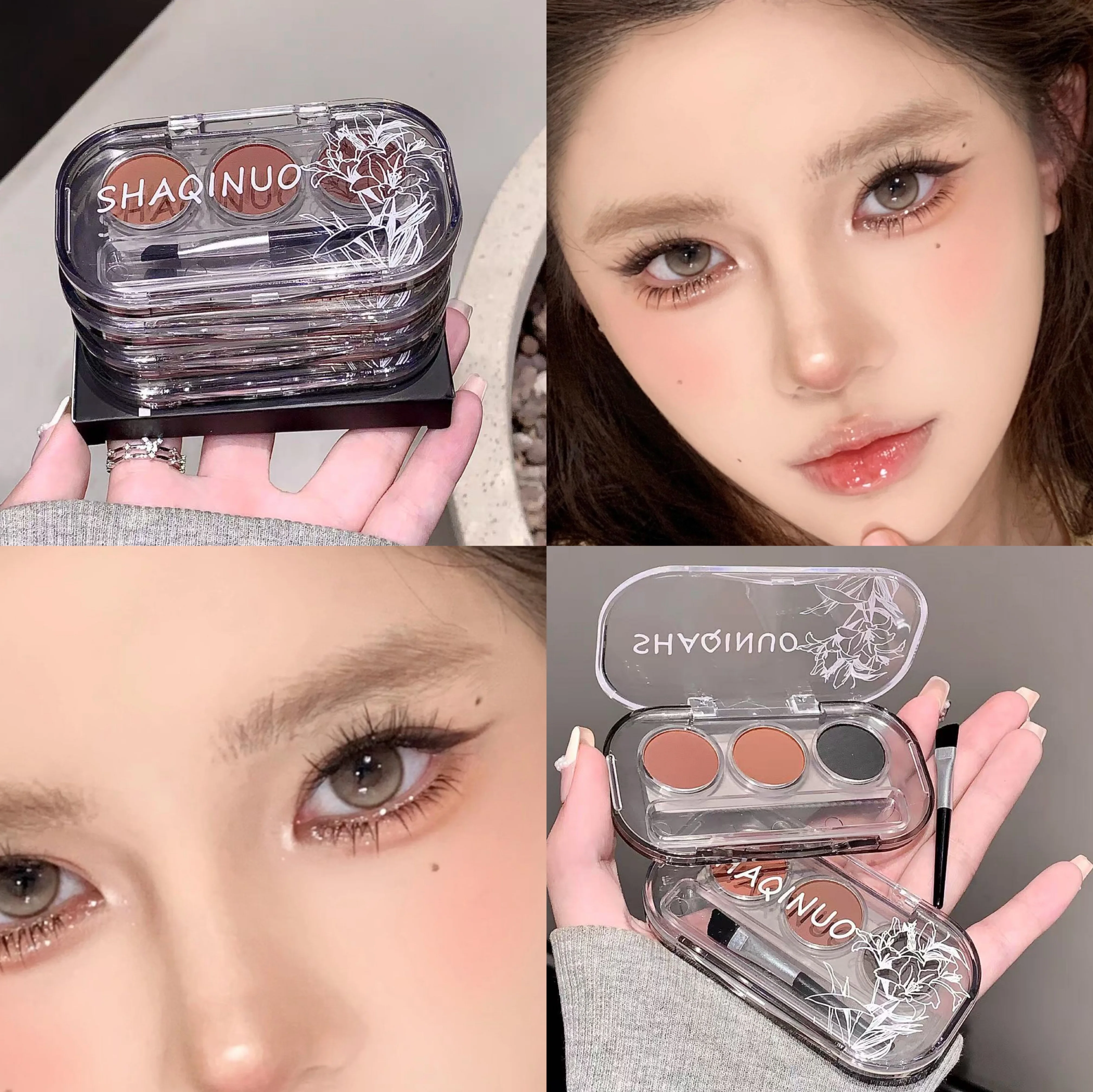 SHAQINUO Pó de sobrancelha de 3 cores, à prova d'água, à prova de suor, de longa duração com pincel incluído, à prova de manchas e acabamento natural