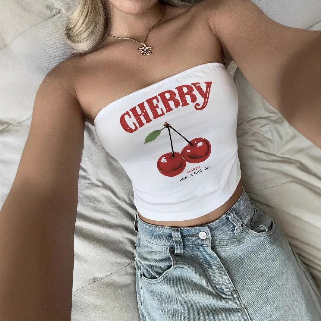 Cherry Alphabet Print Small Vest Summer Slim-fit Outer Wear Sexy Open-button Tube Top Women