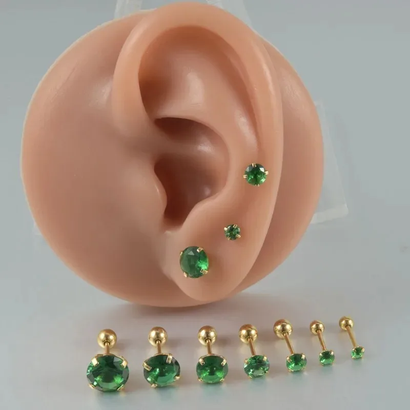 2pc Stainless Steel Zircon Earrings Green Zircon Earrings Gold Plated Outer Tooth Ball Piercing Piercing Jewelry