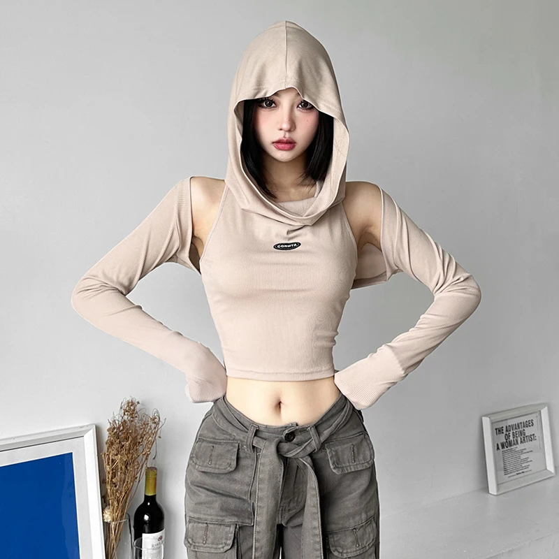 Trendy Sleeveless Hooded Vest and Short Crop Top with Exposed Navel, Desert Wasteland Style, Women's -Fit Two-Piece Set