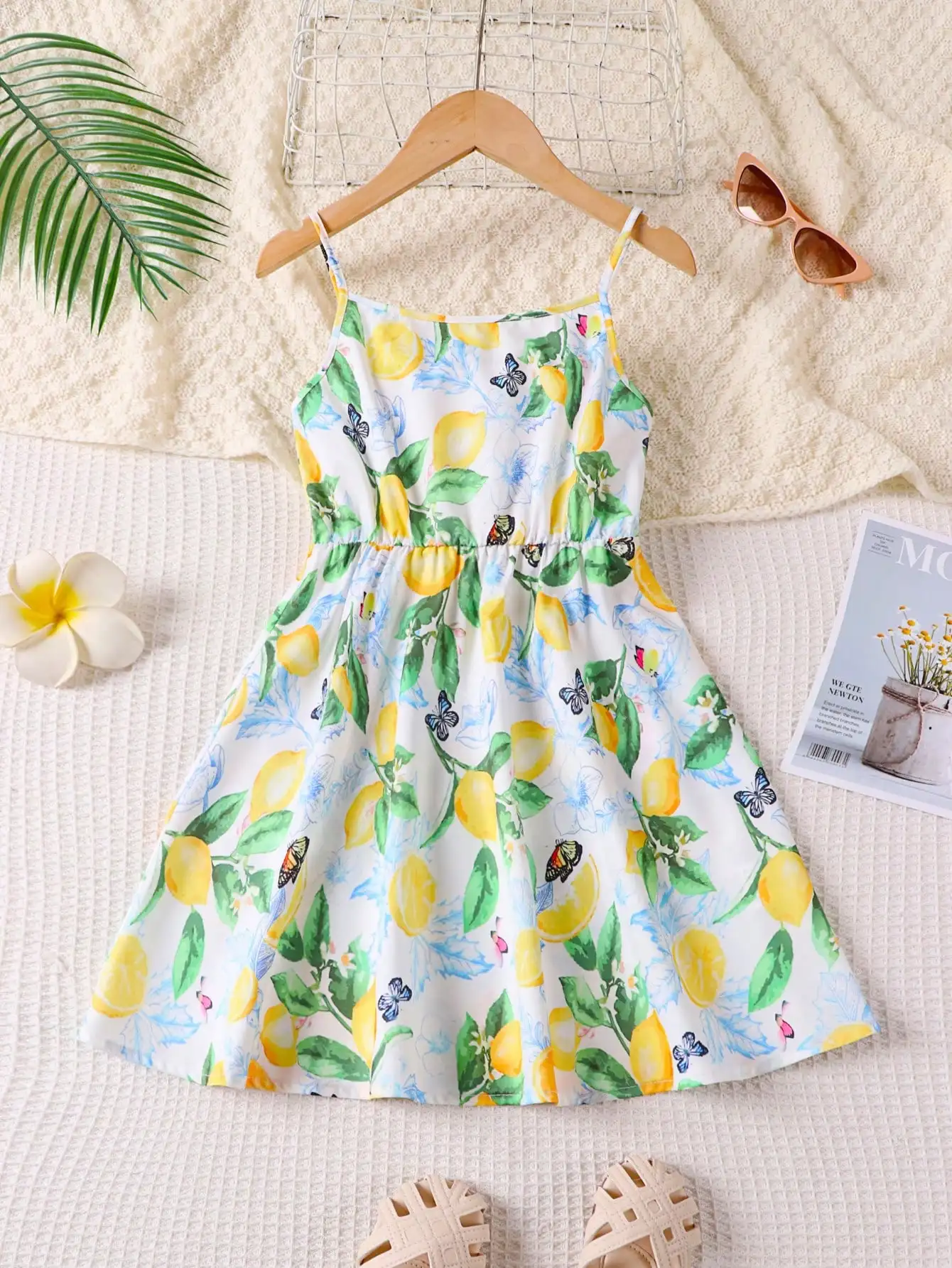 Summer lemon butterfly print dress, casual sleeveless slim shoulder strap, slightly elastic, pleated hem