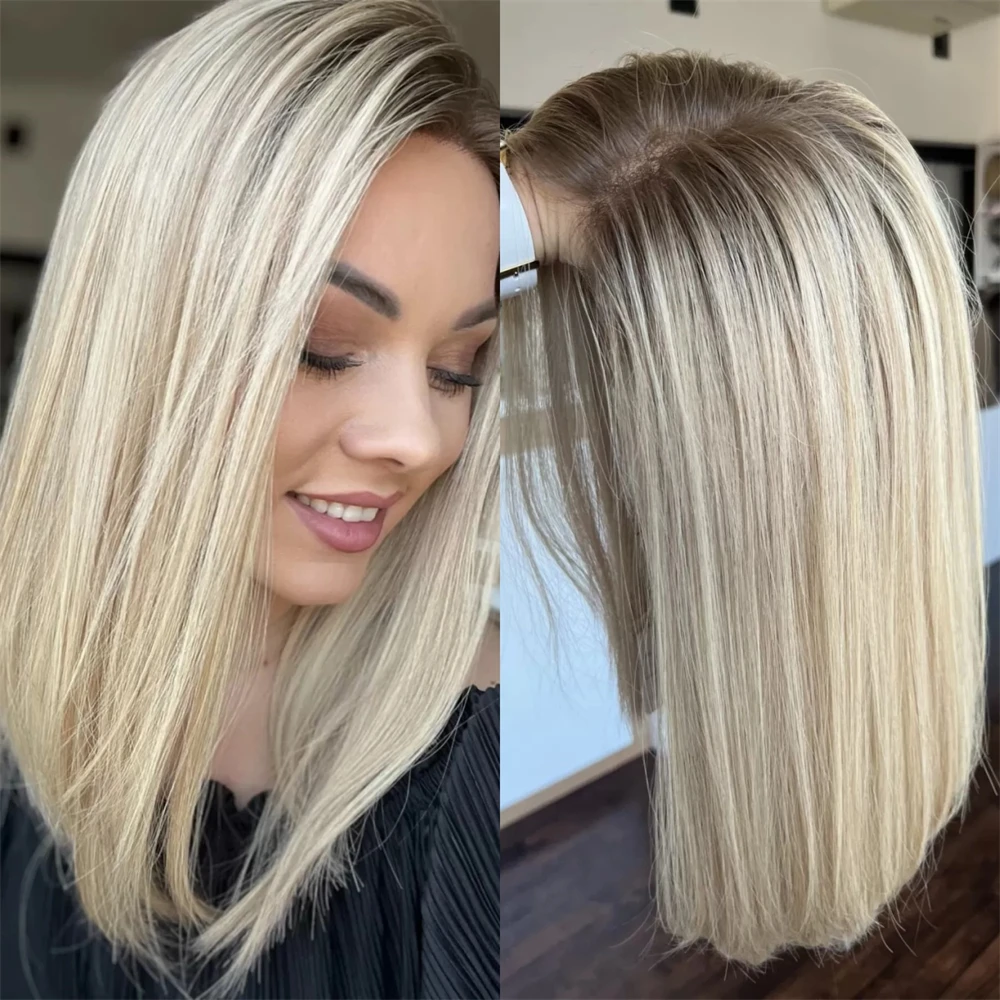 High Quality Synthetic Wig Ombre Light Golden Blonde Balayage Glueless HD Lace Front Wig Plucked Hairlineal Short Straight Wig