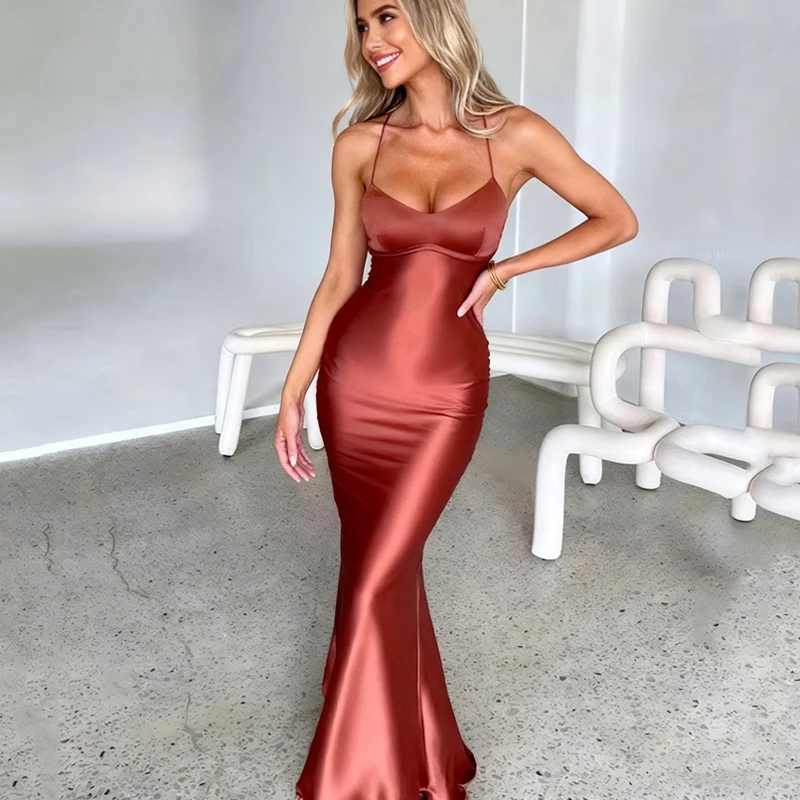 Vestido elegante sin mangas ceñido al cuerpo con tirantes de satén para mujer, vestido Sexy a la moda con tirantes para fiesta, vestidos con cordones y espalda descubierta, ropa de primavera y verano