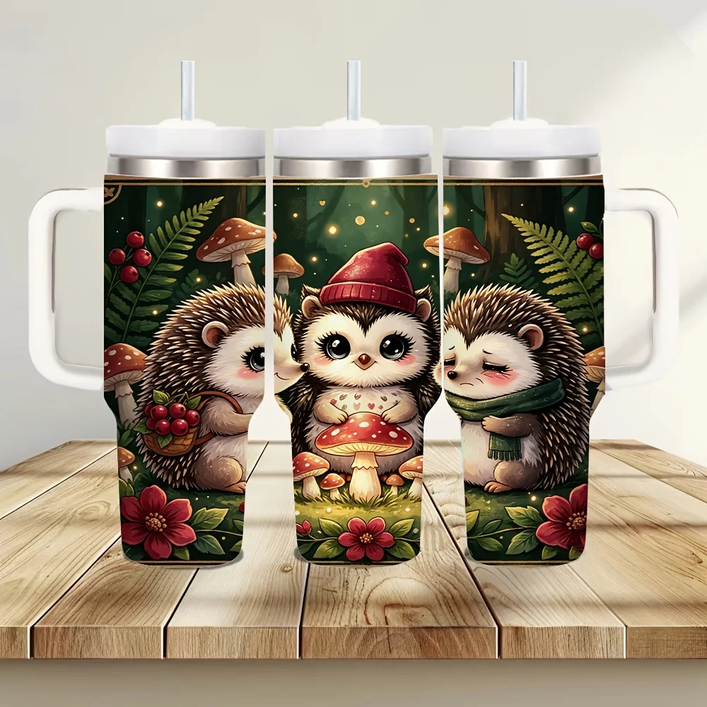 40Oz Insulated Tumbler with Handle, Printed with Cute Forest Hedgehogs, Suitable for Men Women of All Ages, Keeps Drinks Cold Or Hot, Perfect for Daily Use Outdoor Travel And Camping