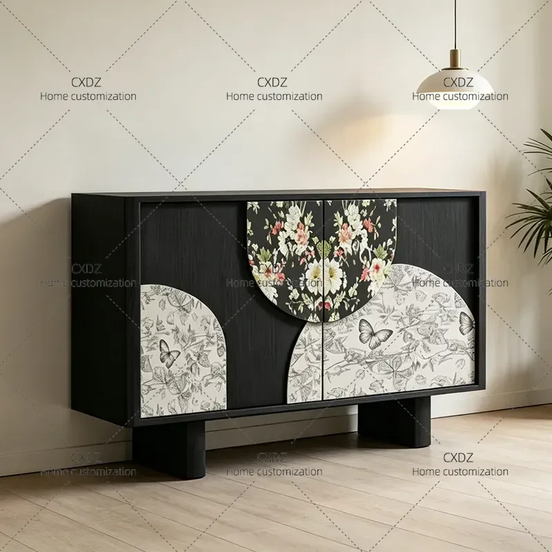 Medieval Printed Solid Wood Dining Side Cabinet Small Apartment Storage Locker Household Entrance Cabinet Decorative