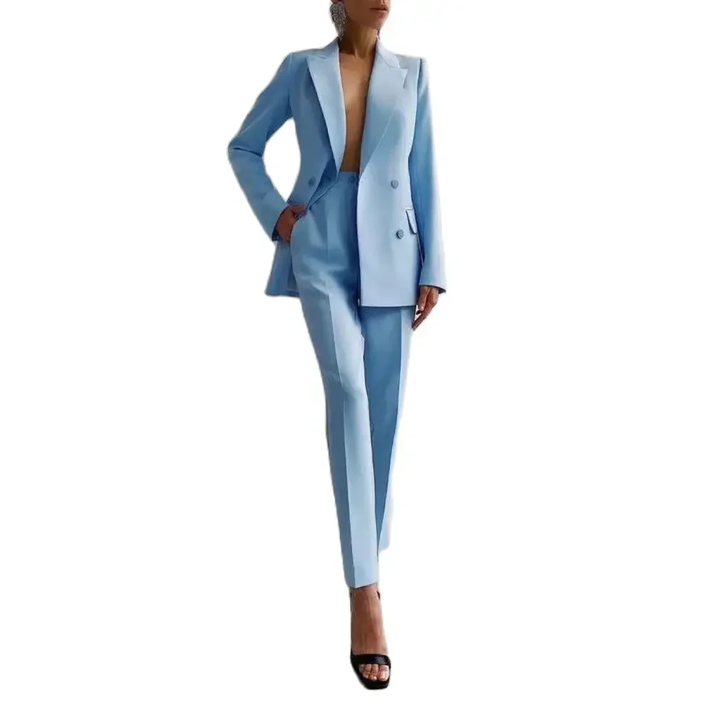 Blazer de peito duplo e calça lápis azul céu feminino, ternos slim fit, high-end, lapela de pico, casual office, moda