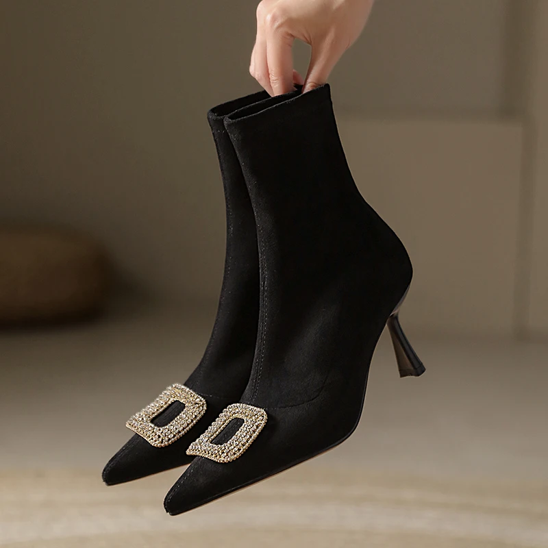 Women Stretch Boots Slip On Elegant Ladies Crystals Buckle Shoes Fashion Ankle Boots Pointed Toe Spring Autumn Simple Botas