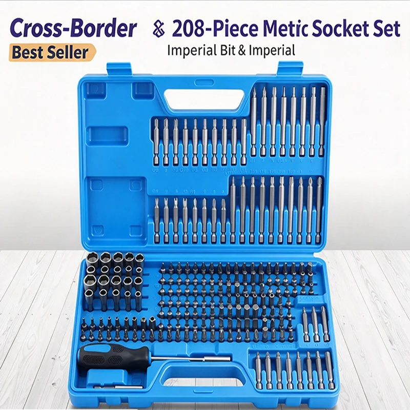 208Pcs Magnetic Screwdriver Bit Set CR-V, Slotted Phillips Torx Hex, Metric & SAE Socket, Power Drill Home Repair Tool Kit