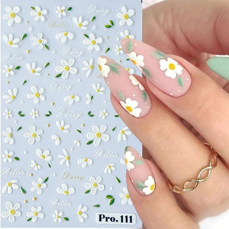 Lovely Bees Daisy Flower Nail Stickers 3D Korean Leaf Floral Daisy Spring Self Adhesive Manicure Butterfly Nail Tips Decor Nails