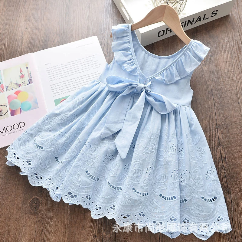 New Summer Dress for Girls in Solid Color with Lace, Hollow Embroidery, Sleeveless Dress with Lace Trim and Bow