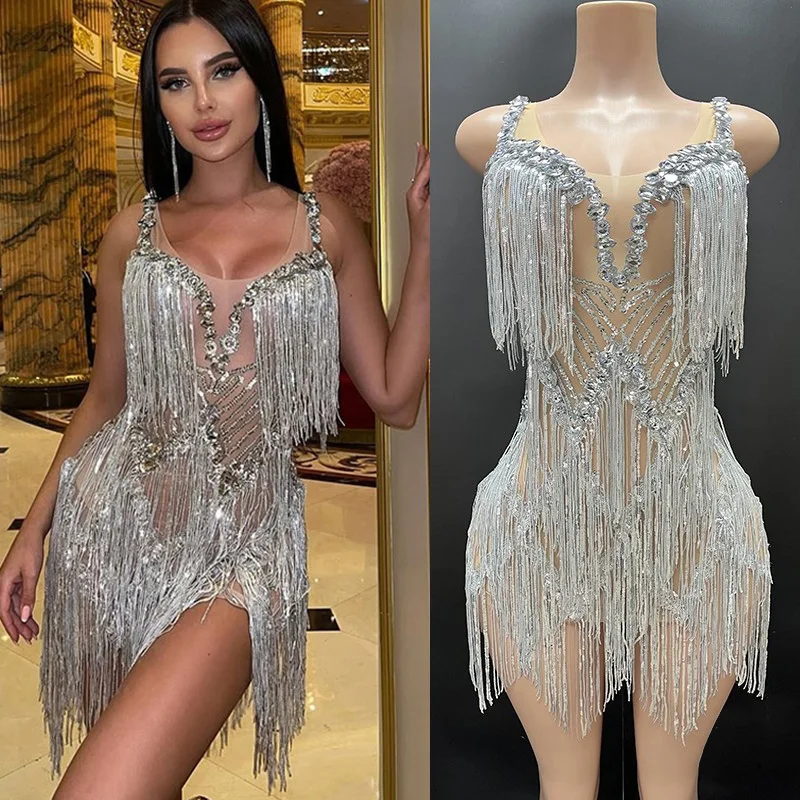 

Gogo Dance Dress Silver Sleeveless Dress Tassel Fringed Dress Sexy Stage Costume Women Prom Party Oufit Festival Rave Wear 3111