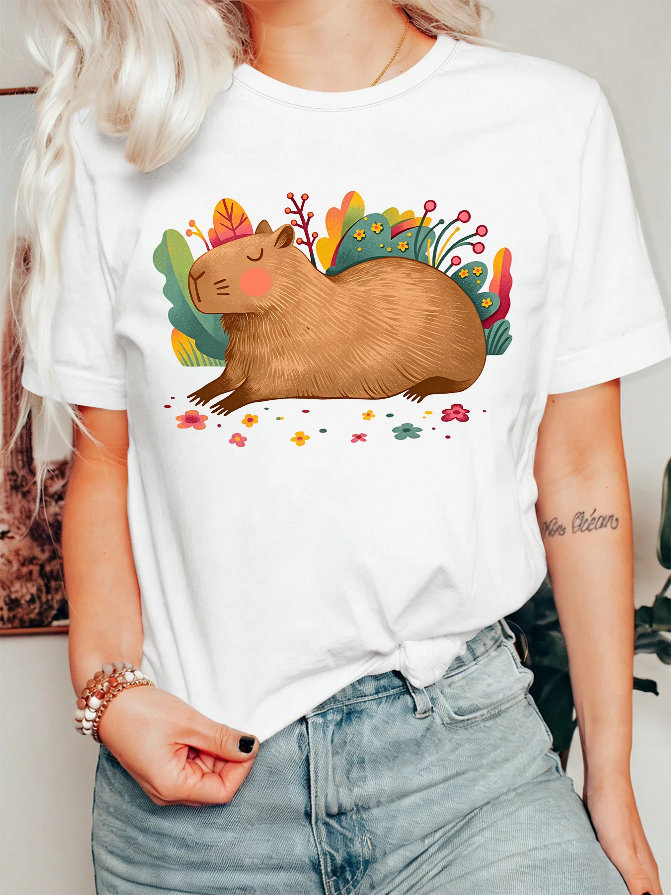 Cute Sleeping Capybara Womens T Shirt Vibrant Floral Botanical Nature Animal Graphic Tee Short Sleeve Casual Daily Ladies Tops