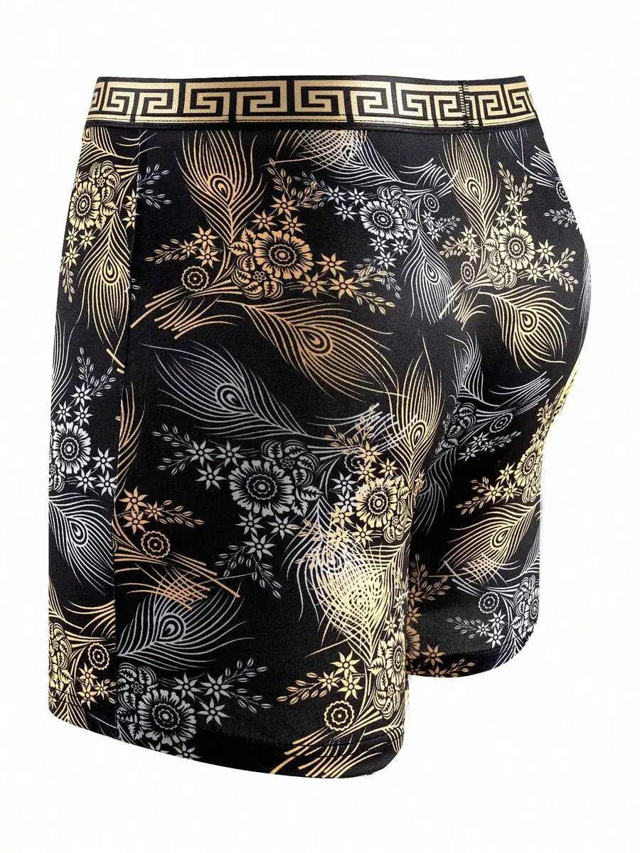 Mens Fashion Long Boxer Briefs Thin Breathable Comfortable Peacock Floral Print