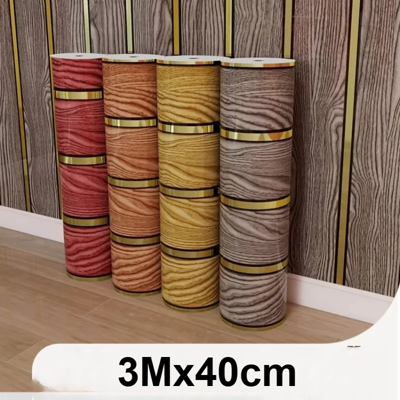Faux Wood Self-Adhesive Wallpaper with Metallic Gold Accent Stripes Removable Waterproof Wall Panel for Home Wall Decor