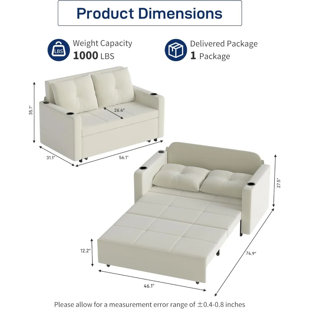 أريكة سرير 3 في 1 متعددة الاستخدامات، 56 أريكة مخملية قابلة للتحويل، نائمة بمقعدين لغرف المعيشة والمساحات الصغيرة