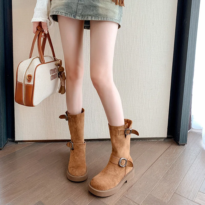 

New Women Boots Chunky Heel Mid Calf Western Cowboy Retro Stacked Boots Thick Platform Lifts Fashion Shoes