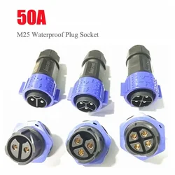 IP67 M25 50A 500V Waterproof Connector 2 3 4 Pin Self Locking E-bike Charging Power Aviation Panel Socket Electrical Cable Plug