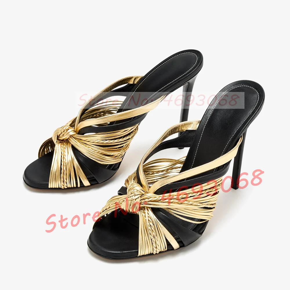 

Золотые тапочки на каблуке с перекрестными звездами, женские роскошные тапочки на шпильке с открытым носком, женская обувь с узкими ремешками, завязанные туфли