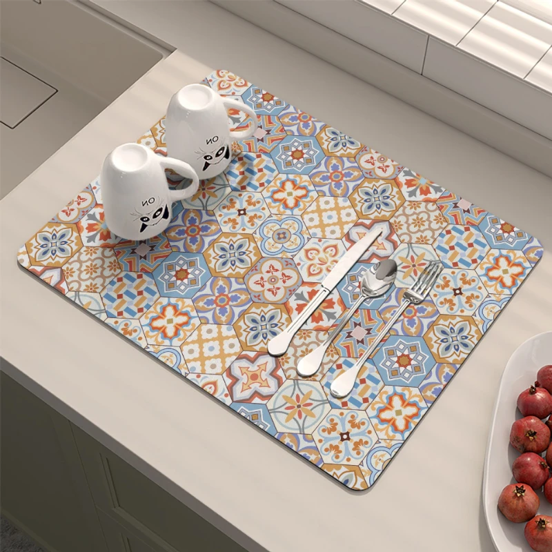 VIKAMA Kitchen Drain Mat Cream Red Floral Border Print Kitchen Counter Mat Highly Absorbent Fast Drying Anti Skid Flexible