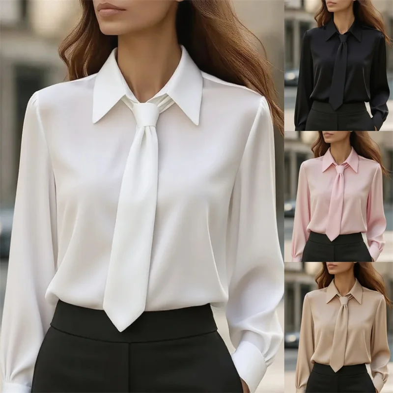 Women Elegant Fashion Lace up Solid Color Blouse Spring Autumn Casual Long Sleeve Lapel Shirt Office Lady French Shirt Tops 2025