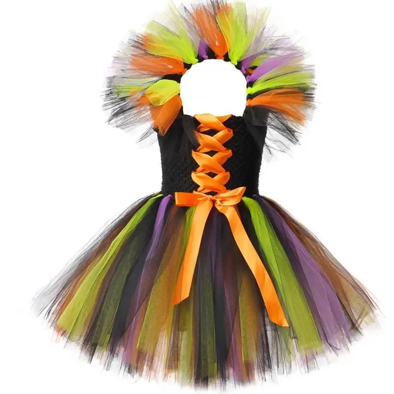 Girls Colorful Sequin Witch Tutu Dress, Kids Exquisite Performance Dress Set for Halloween Carnival Party, Magic Witch Outfit
