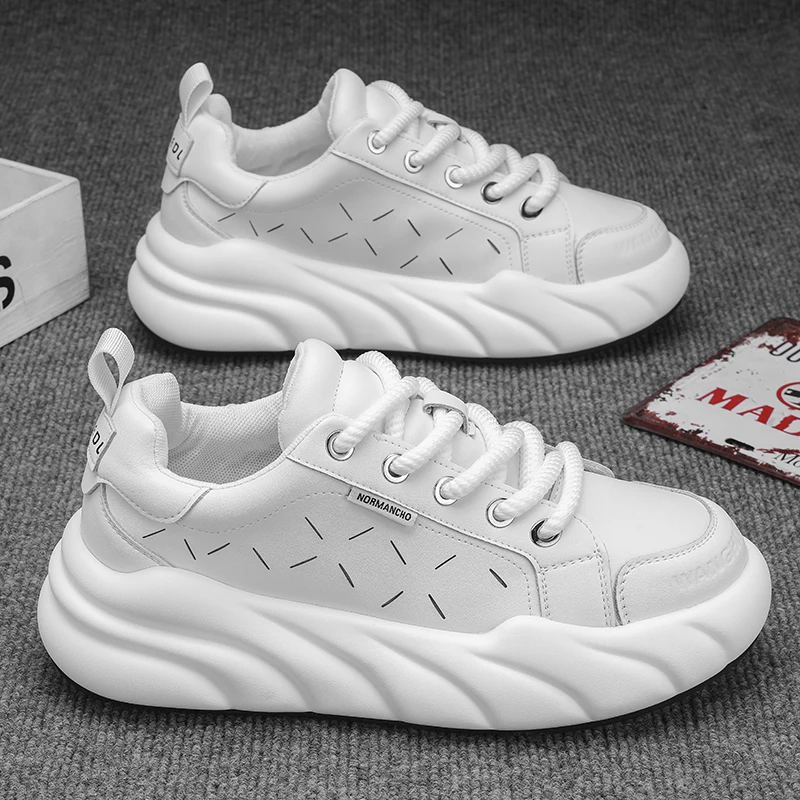 Zapatos deportivos de cuero para hombre, calzado de suela gruesa, transpirable, de esponja, PU, para correr, temporada europea, novedad de otoño, 2023