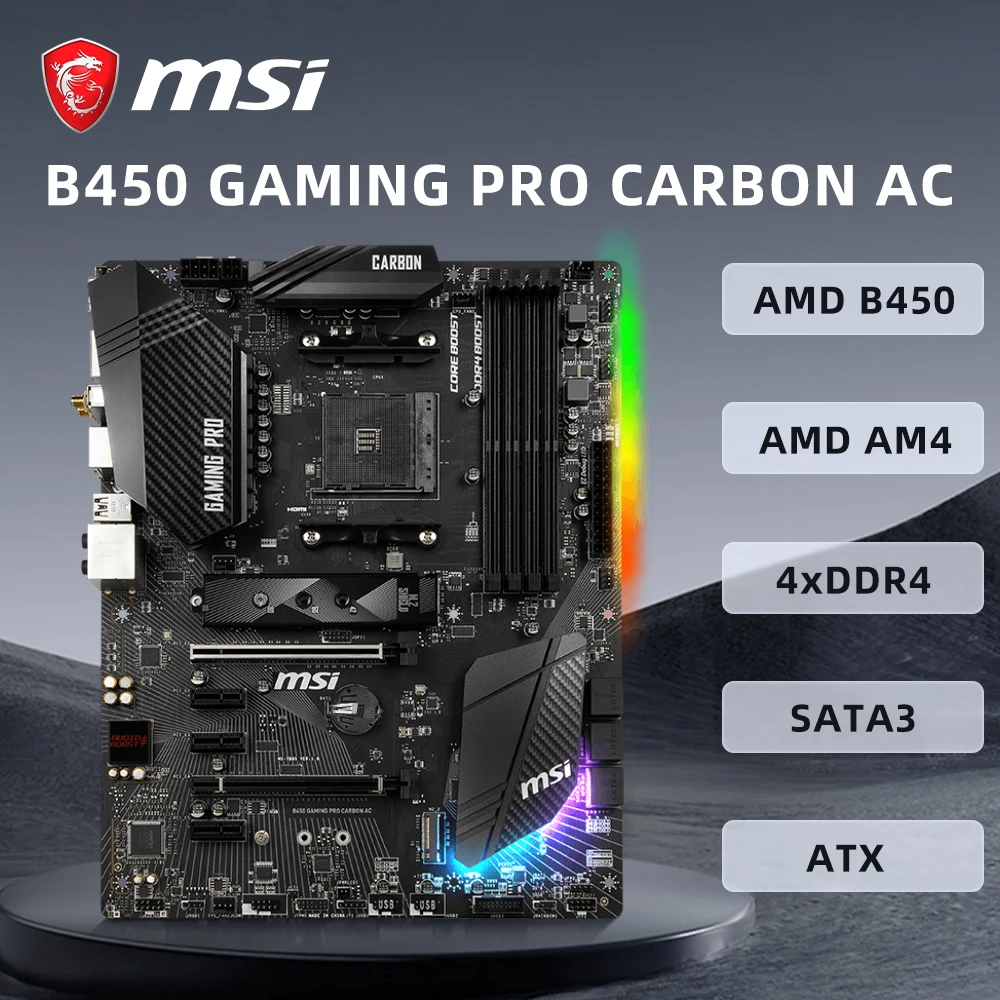 MSI B450 GAMING PRO CARBON AC Motherboard AMD B450 Supports 5950X 5800X3D 5700X 5600X 5600G CPU 4xDDR4 Micro ATX AM4 Mainboard