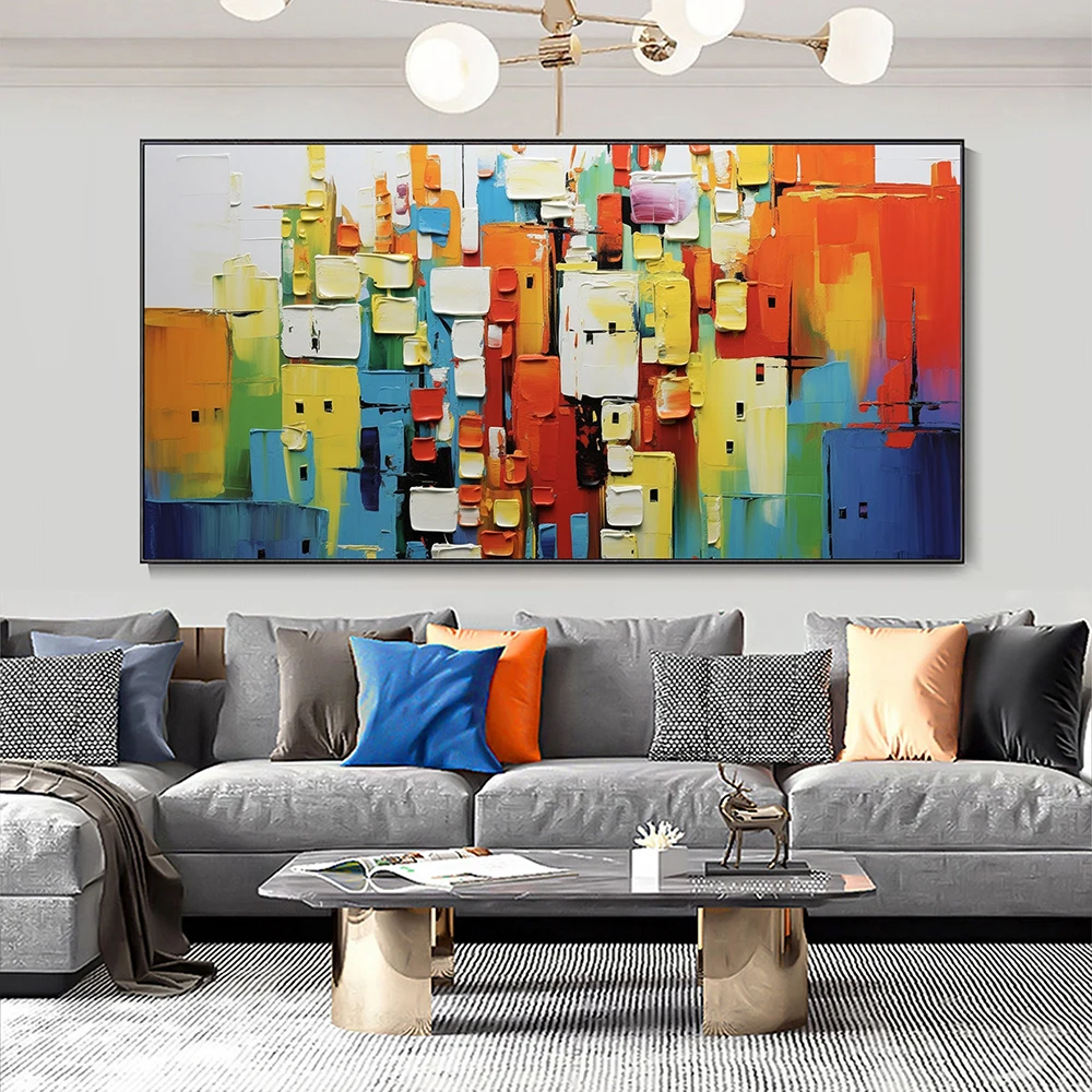 Hand Painted Oil Paintings Urban Vibrancy Abstract Oil Painting Textured Blue Orange Yellow Red Modern living room Home Decor