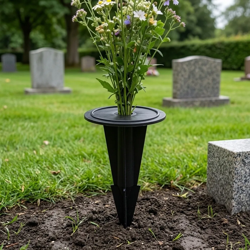 Black Plastic Flower Pot Base Pegs for Cemetery Garden Decor Ground Stake Vase Holder 13cm Height 7cm Diameter 12pcs