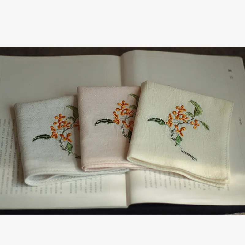 Chinese Style Osmanthus Embroidered Soft Cotton Handkerchief Absorbent Pocket Square Lucky Auspicious Gift For Women Daily Use