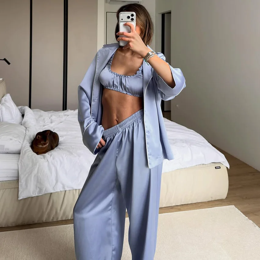 Autumn Women's 3 Piece Lounge Set Pajama Long Sleeve Cardigan Sleeveless Top Slit Pants Sweatsuit Elegant Loose Trousers Set