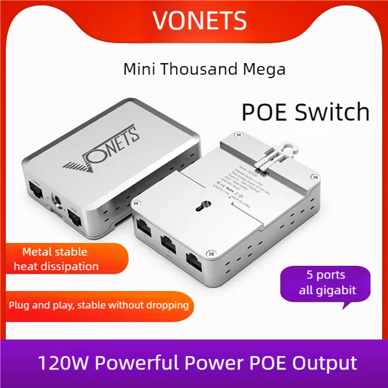 VONETS VSP500 Gigabit 5-Port Metal Housing Security Monitoring POE Mini Switch Splitter Diverter Hub