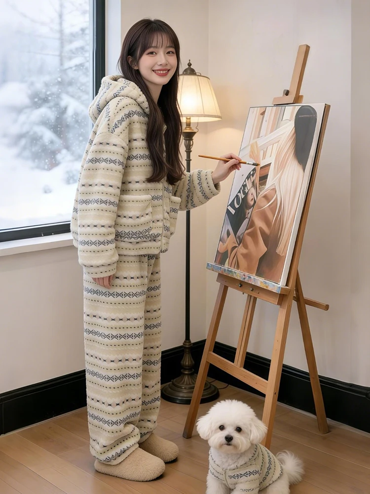 Thiened Fce Conjunto de casaco feminino e calças de pernas largas inverno quente casual sle cobertura total zíper cintura alta escritório doméstico