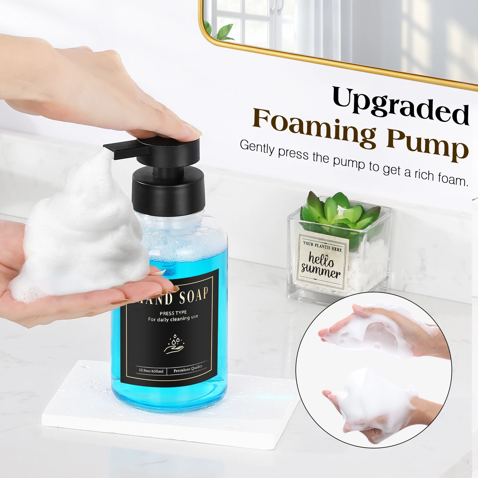 Glass Foaming Soap Dispenser Non-slip Hand Soap Dispenser with 5 Waterproof Labels 15 Oz Refillable Liquid Soap Dispenser