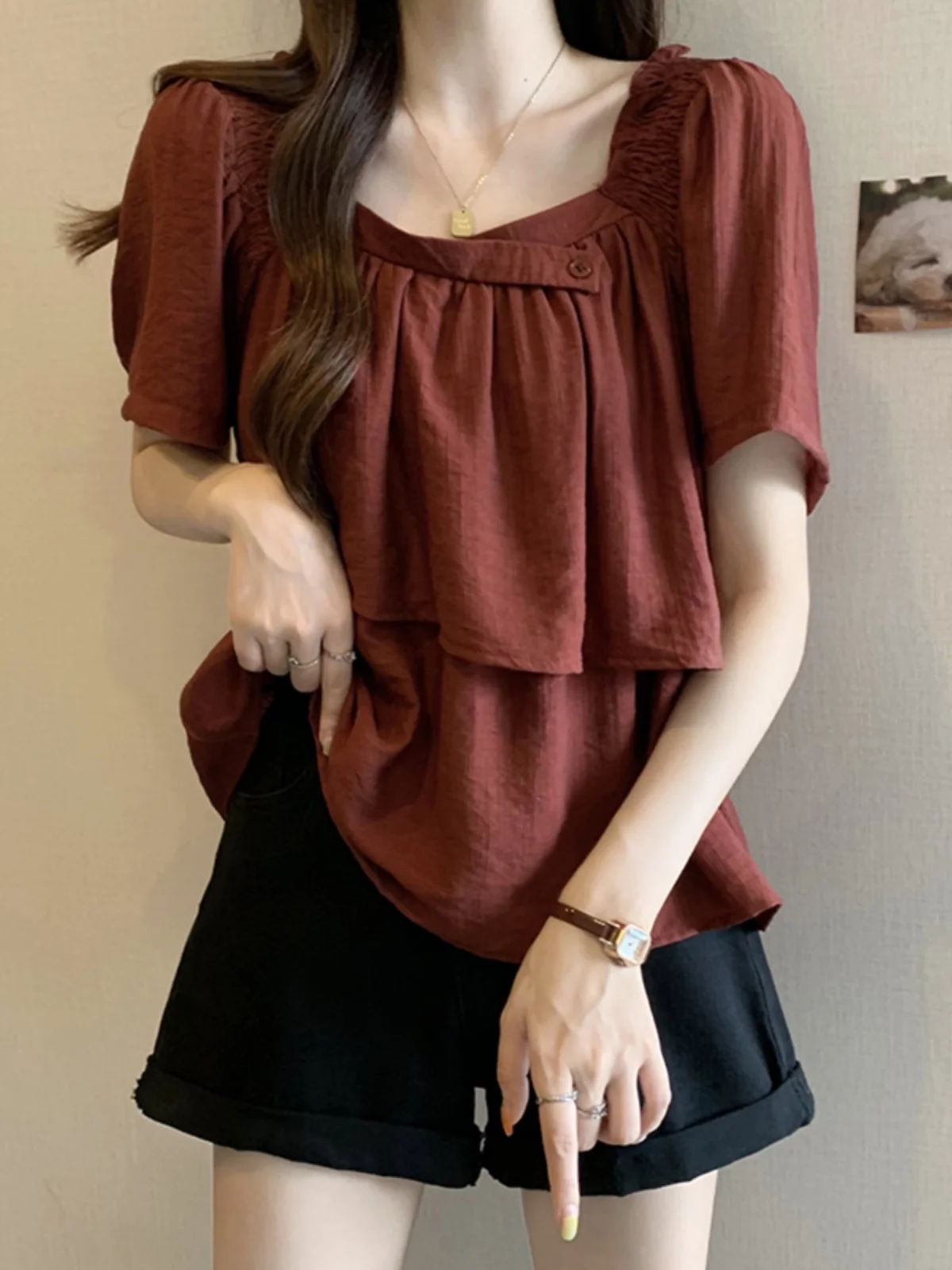 

Red Square Collar Short Sleeve Shirt Women Summer plus Size Slimming Belly Covering Ageless Chic Beautiful Top Korean Style