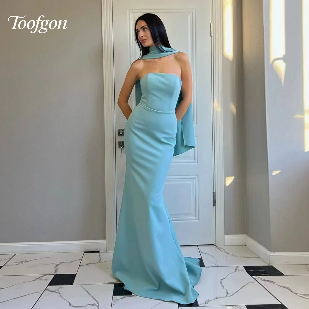 Toofgon céu azul cetim vestidos de noite sereia fitas vestidos de gala sem alças vestidos de ocasião sob medida personalizados