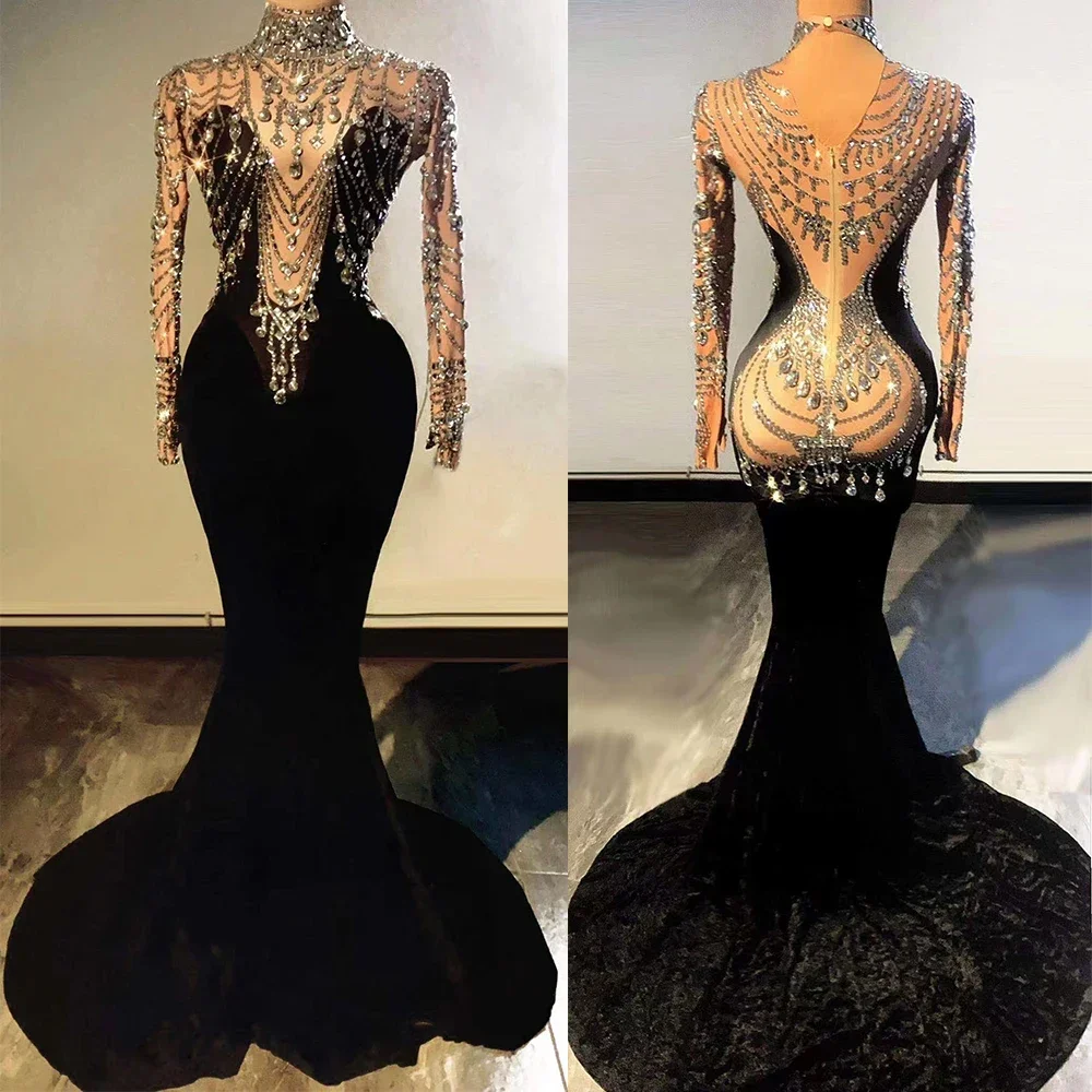 Glänzende Kristall Strass Elegante Kleid Für Frauen Lange Schwarz Schwan Samt Schleppende Sexy Abend Ballsaal Kleidung Bühne Kostüm
