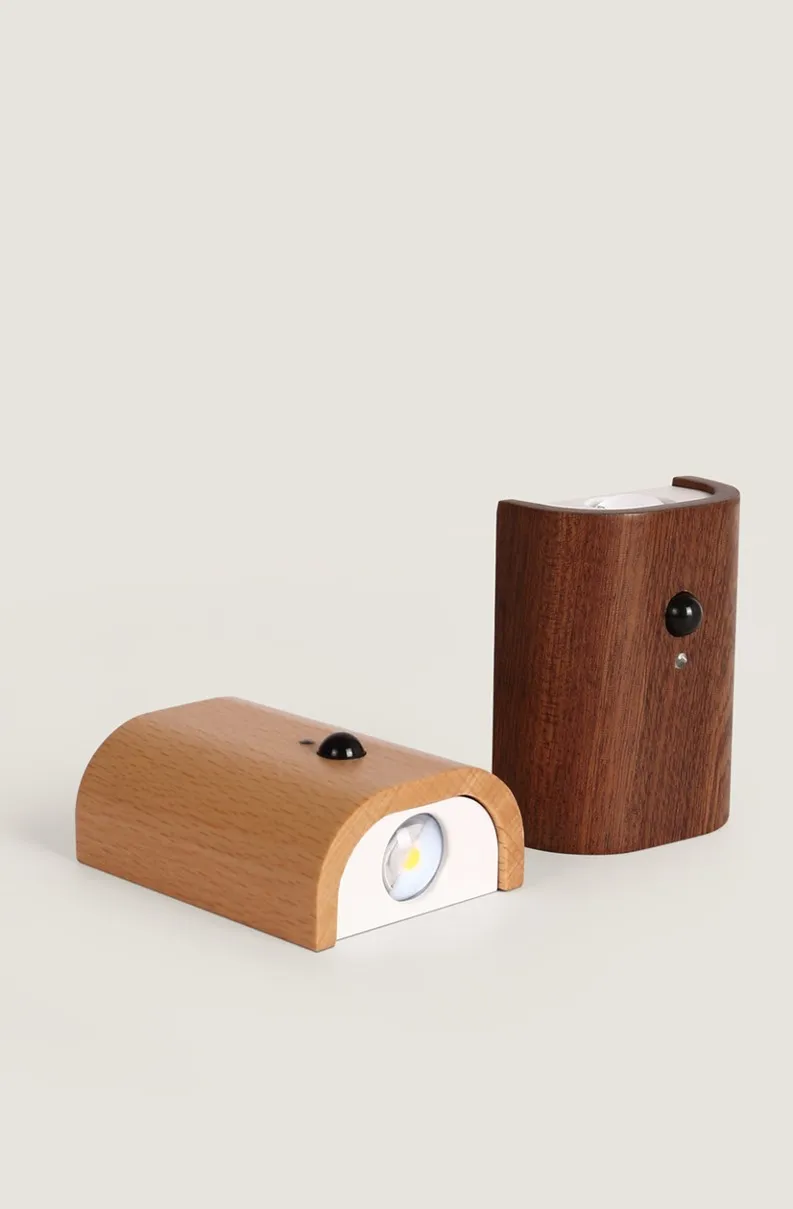 LED Motion Sensor Wall Light with Real Wood Grain, USB Rechargeable, Linkage Body Induction, Ideal for Hallway, Bedroom, Home