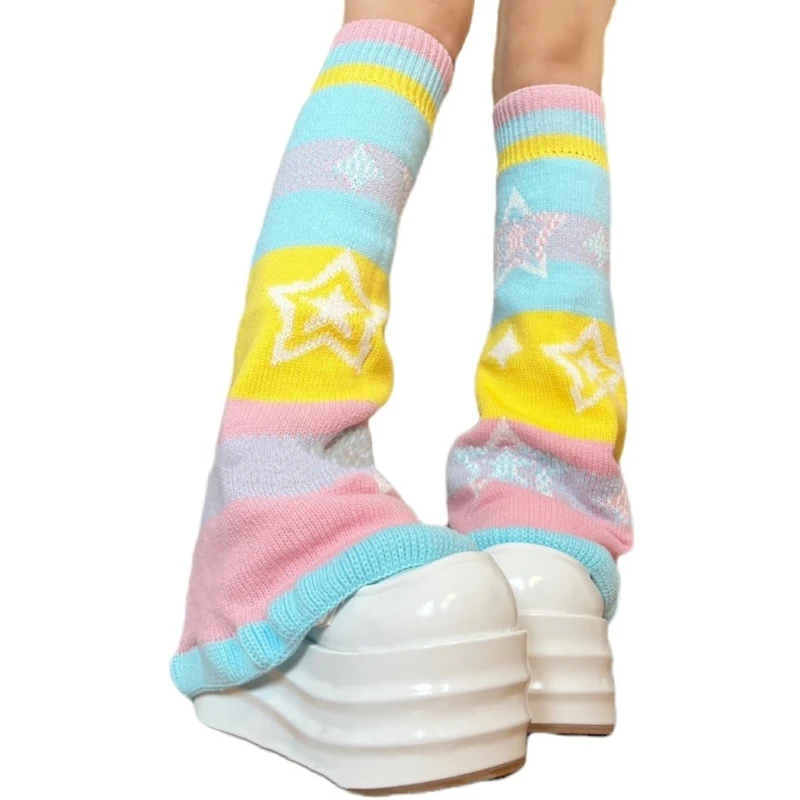 Candy Color Rainbow Reversible Flared Leg Warmers with Sweet Star Pattern for Women Aesthetic Knitted Foot Covers Socks