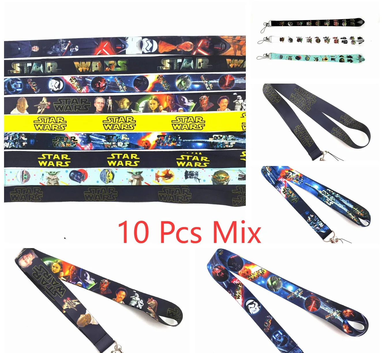 10 Uds. De dibujos animados de Star Wars, cordón para llaves, soportes para tarjetas de identificación, correas para el cuello del teléfono con llavero, accesorios para teléfono