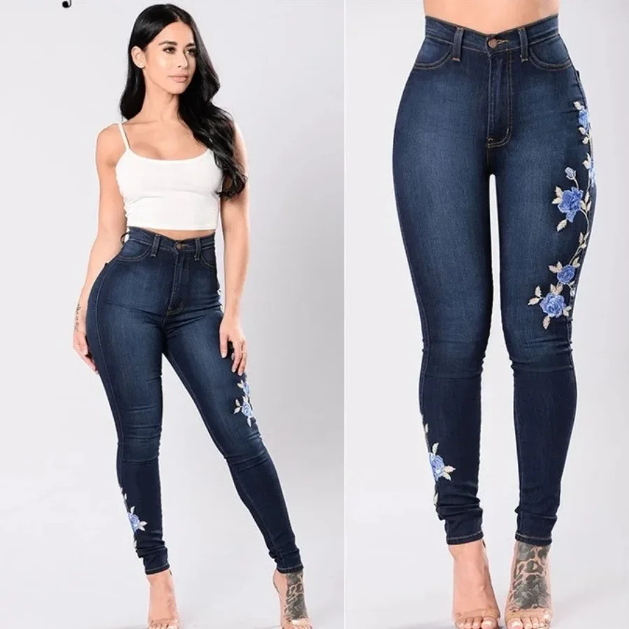 

Jeans Women Denim Pencil Pants Embroidery Skinny High Waist Vintage Distressed Streetwear 2026 Washed Ankle Length Trousers
